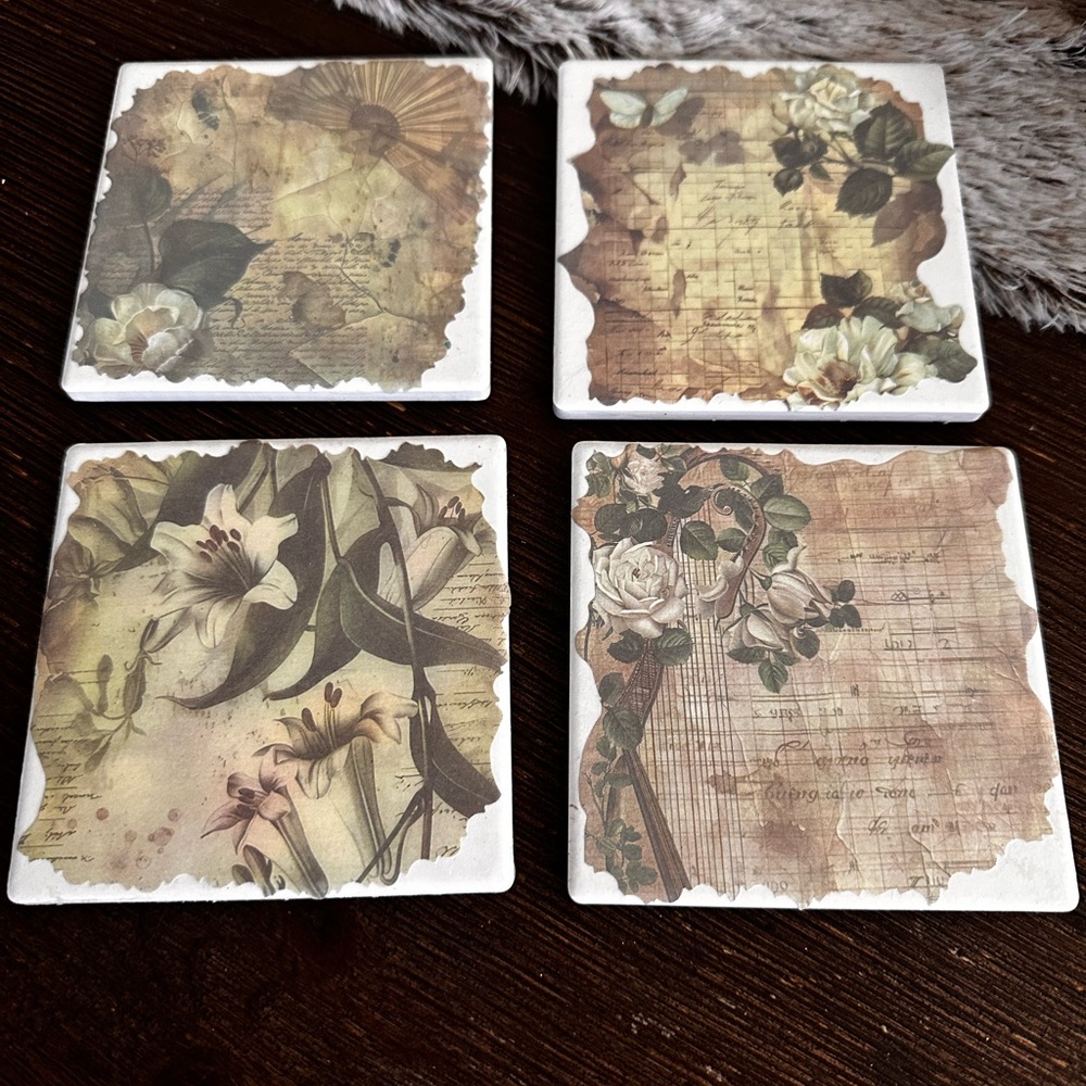 Hand Crafted Vintage print Floral Coasters set in Cream, Brown, Green